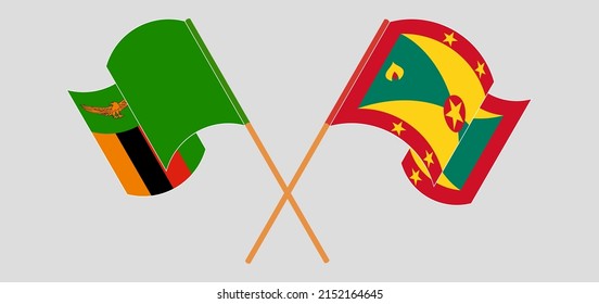 Crossed and waving flags of Zambia and Grenada. Vector illustration

