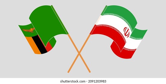 Crossed and waving flags of Zambia and Iran. Vector illustration
