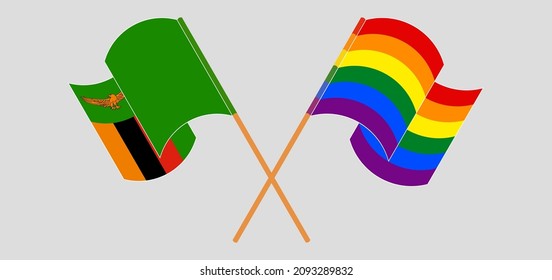 Crossed and waving flags of Zambia and LGBTQ. Vector illustration
