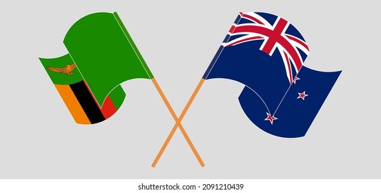 Crossed and waving flags of Zambia and New Zealand. Vector illustration
