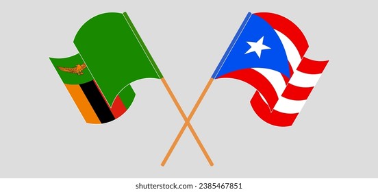 Crossed and waving flags of Zambia and Puerto Rico. Vector illustration

