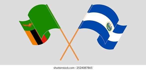 Crossed and waving flags of Zambia and Republic of El Salvador. Vector illustration.
