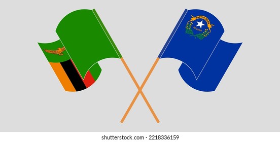 Crossed and waving flags of Zambia and The State of Nevada. Vector illustration
