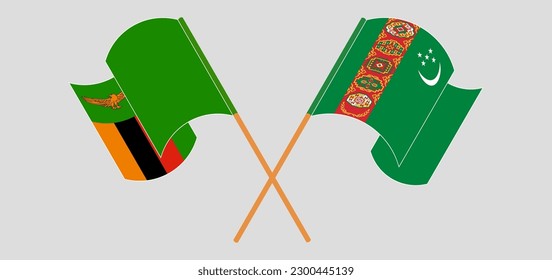 Crossed and waving flags of Zambia and Turkmenistan. Vector illustration
