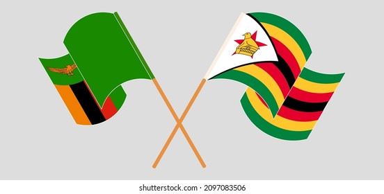 Crossed and waving flags of Zambia and Zimbabwe. Vector illustration
