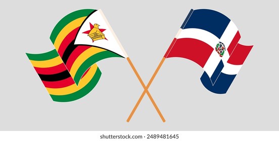 Crossed and waving flags of Zimbabwe and Dominican Republic. Vector illustration
