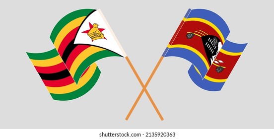 Crossed and waving flags of Zimbabwe and Eswatini. Vector illustration
