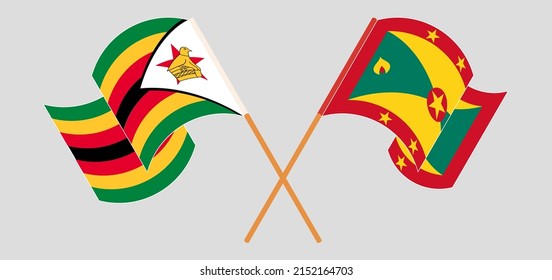 Cruzada y ondeando banderas de Zimbabue y Granada. Ilustración del vector
