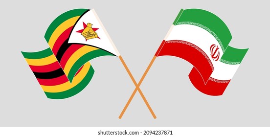 Crossed and waving flags of Zimbabwe and Iran. Vector illustration
