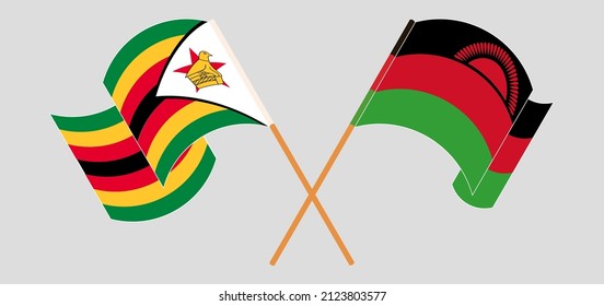 Crossed and waving flags of Zimbabwe and Malawi. Vector illustration
