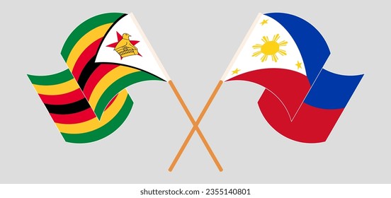 Crossed and waving flags of Zimbabwe and the Philippines. Vector illustration
