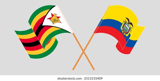 Crossed and waving flags of Zimbabwe and Republic of Ecuador. Vector illustration.
