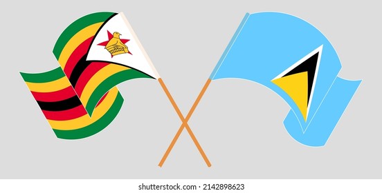 Banderas cruzadas y ondeando banderas de Zimbabue y Santa Lucía