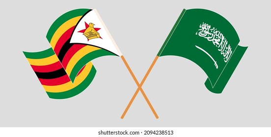 Crossed and waving flags of Zimbabwe and Saudi Arabia. Vector illustration
