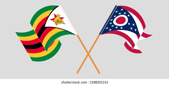 Crossed and waving flags of Zimbabwe and the State of Ohio. Vector illustration
