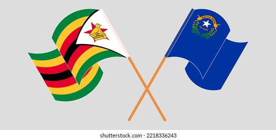Crossed and waving flags of Zimbabwe and The State of Nevada. Vector illustration
