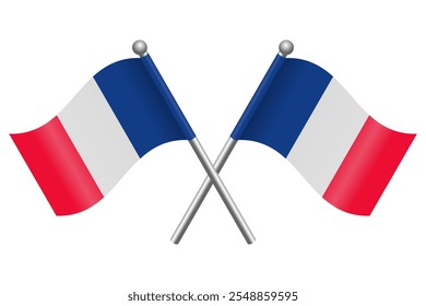 Crossed Waving France Flags in 3D Realistic Style - Editable and Scalable Vector Illustration Isolated on White Background - EPS Graphic Design for National Events and Celebrations