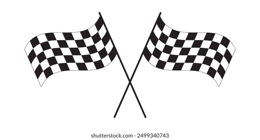 Crossed waving race flags with checkered print. Start or finish symbols on sport car competitions. Rally or motocross props isolated on white background. Victory symbol. Vector flat illustration.