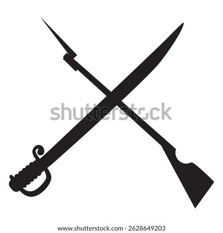 Crossed weapon. Crossed pose of a rifle and sword in a black scabbard on a white background. Symbol of weapons. Firearm and cold weapon.