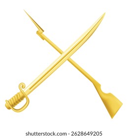 Geschossene Waffe. Position eines Gewehres und eines Schwertes in einer goldenen Scheide auf weißem Hintergrund gekreuzt. Symbol der Waffen. Schusswaffe und kalte Waffe.