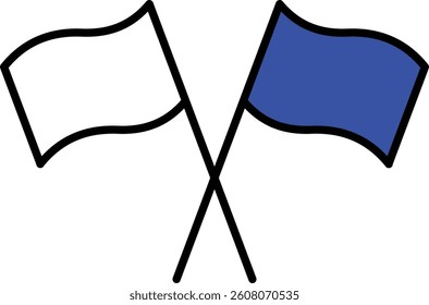Crossed white and blue flags icon for signaling, competition, and event themes