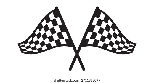 Banderas cruzadas de carrera con estampado a cuadros en blanco y negro. Símbolos de inicio o fin en competiciones de autos deportivos. Atrezzo de rally, karting o motocross. Símbolo de victoria. Vector ilustración gráfica.