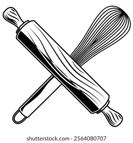 Crossed wire whisk and rolling pin vector illustration. Black and white wire wisk and rolling pin clipart