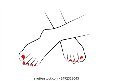 Crossed woman feet with red nails line drawing isolated on white background - vector illustration