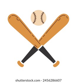 Crossed wooden baseball bats and ball, vector icon. Professional sports equipment for softball, training, competitions. Game match tools. Hand drawn doodle, cartoon clipart. For print, label, logo