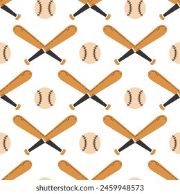 Crossed wooden baseball bats and leather balls, seamless vector pattern. Sports equipment for USA softball, training, competition. Game match tools. Hand drawn background, cartoon ornament for print