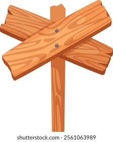 Crossed wooden planks with nails create an empty signpost, pointing in various directions, isolated against a clean white background, ready for messages and guidance