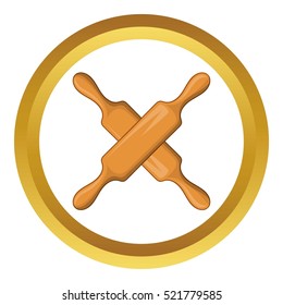 Crossed wooden rolling pins vector icon in golden circle, cartoon style isolated on white background