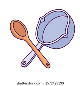 Crossed wooden spoon and cooking pan drawing in simple cartoon style. Kitchen utensils vector illustration.