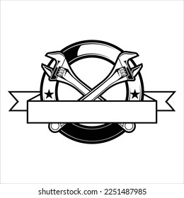 crossed wrench with banner garage logo