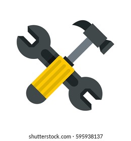 Crossed wrench and hammer icon in flat style isolated on white background vector illustration
