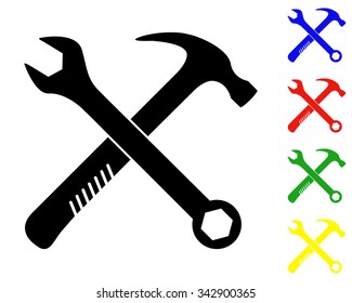 crossed wrench and hammer icon - vector colored set