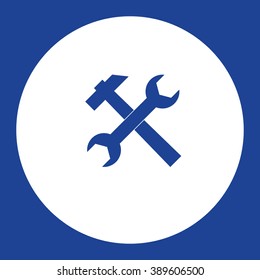 Crossed wrench and hammer. Vector icon blue and white
