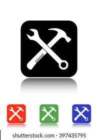 crossed wrench and hammer vector icon - black and colored buttons