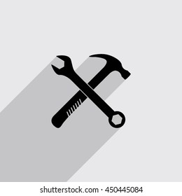 crossed wrench and hammer vector icon with long shadow