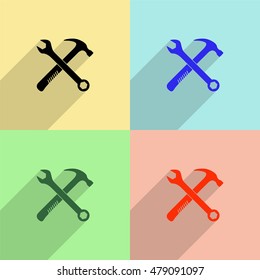 Crossed wrench and hammer vector icon - colored set with  long shadow
