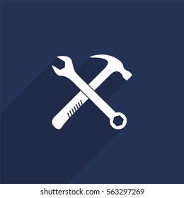 Crossed wrench and hammer vector icon with long shadow isolated on  blue