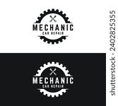 Crossed wrench logo design with vintage gear.Logo for workshop, badge, industrial,service or repair and mechanic.
