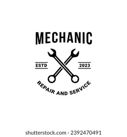 Crossed wrench logo, Vintage Mechanic on white background. Vector illustration for logo, emblem. Service and repair. Advertising garage, workshop.