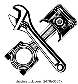 crossed wrench and piston engine icon. repair service logo design vector illlustration