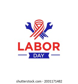 Crossed Wrench with Ribbon Tape American Flag for Labor Day logo design