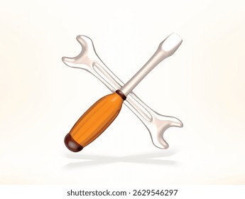 Kreuzschlüssel und Schraubendreher 3D-Vektorsymbol. Reparatur- und Wartungssymbol