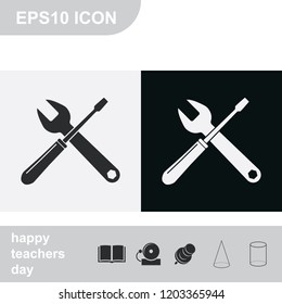Crossed wrench and screwdriver flat black and white vector icon.