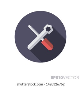 Llave cruzada y el icono de la ronda de diseño plano del destornillador. Símbolo de color de la configuración y las herramientas. Ilustración vectorial de sombra larga en un círculo aislado sobre fondo blanco.