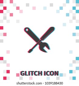 Crossed wrench and screwdriver  glitch effect vector icon.