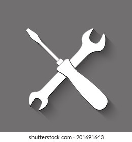 crossed wrench and screwdriver icon - white vector illustration with shadow on gray background